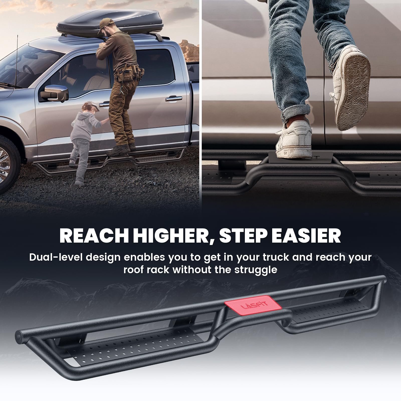LASFIT 6 Inch Side Steps Running Boards Fit for Toyota Tacoma Double Cab 2024 2025 2026, 3D-Scanned OEM Fit, Bolt-on Two-Level Design, 600+ Lbs Heavy-Duty Strength, Side Step Rail Nerf Bars - Image 4