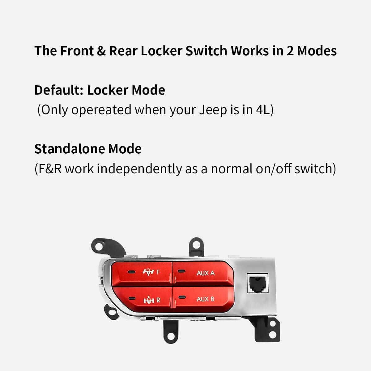 LASFIT Auxiliary Bank Kit, Front & Rear Locker OEM Style Plug&Play Dash Switch Panel for Wrangler JL 2018-2023 & Gladiator JT 2019-2023, Black+Red - Image 3