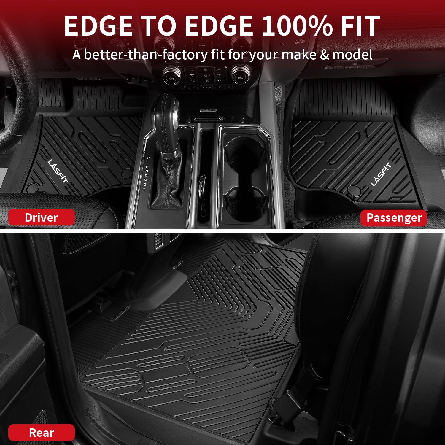 LASFIT Floor Mats for Ford F250 F350 F450 2017-2026 Crew Cab Front Bucket Seat | Rear W/Fold-Flat Storage All Weather Carpet Floor Super Duty Protector TPE Car Floor Liner, 1st & 2nd Row, 3pcs Black - Image 5