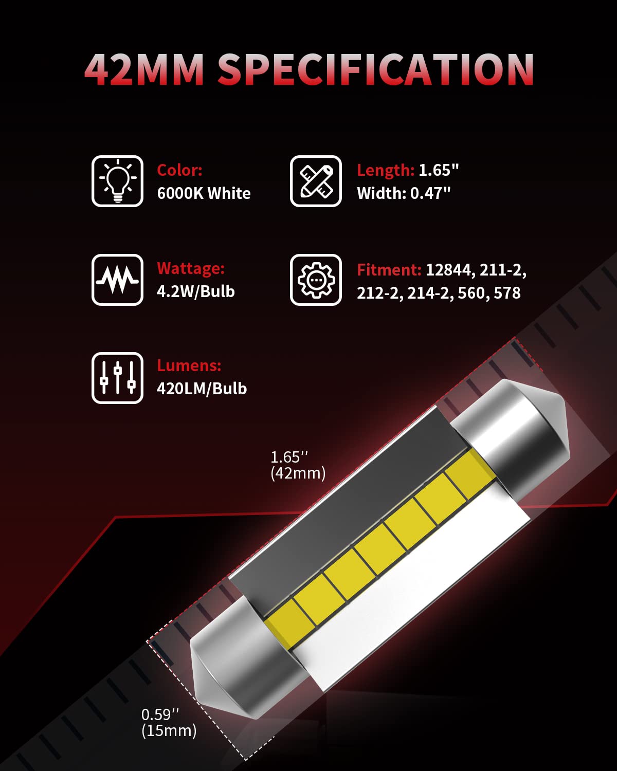 LASFIT Super Bright 42MM LED Festoon 41MM 211-2 578 212-2 LED Use for Dome Map Door Interior Door Trunk Glove Box Lights 6000K White Light Upgraded(2pcs) - Image 6